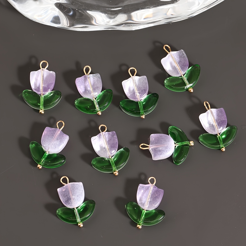 10pcs Glass Tulip Flower Pendants with 3D Leaves Multicolor Necklace Charms